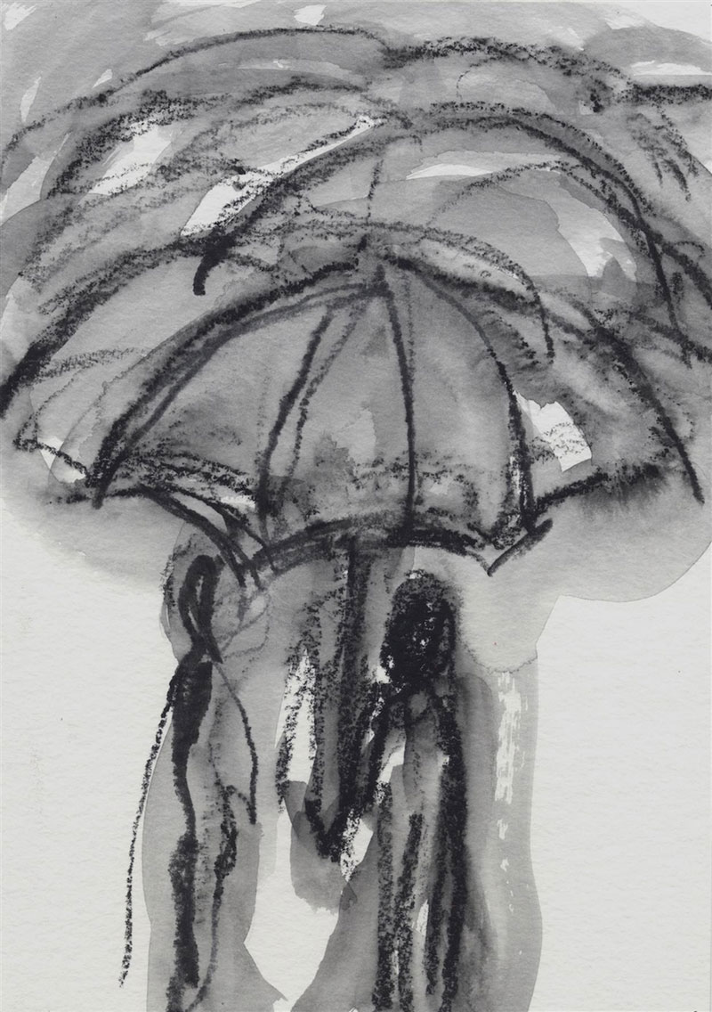 Chiharu Shiota, Black Rain, 2019, Watercolor on paper, 18,5 x 15 cm, © Chiharu Shiota, Courtesy of the artist and SABAM, Brussels 2019