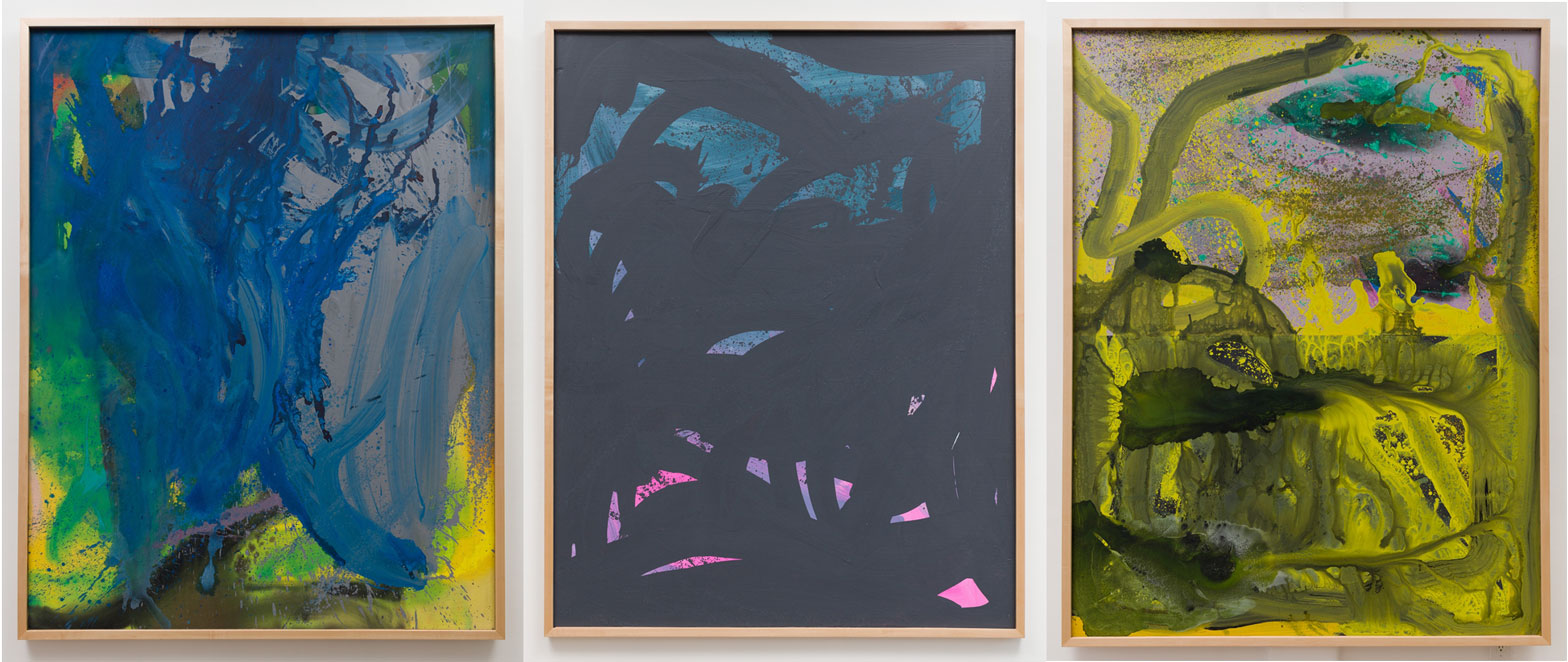 Left: Steven Hull, Dehumanization is such a big word. It's been around since William the Third. Part Three, 2019, Acrylic on canvas (framed), 223.5 x 175.3 x 5.1 cm, © Steven Hull, Courtesy the artist and Meliksetian|Briggs. Center: Steven Hull, Dehumanization is such a big word. It's been around since William the Third. Part Four, 2019, Acrylic on wood panel (framed), 223.5 x 175.3 x 5.1 cm, © Steven Hull, Courtesy the artist and Meliksetian|Briggs. Right: Steven Hull, Dehumanization is such a big word. It's been around since William the Third. Part Two, 2019, Acrylic on canvas (framed), 223.5 x 175.3 x 5.1 cm, © Steven Hull, Courtesy the artist and Meliksetian|Briggs