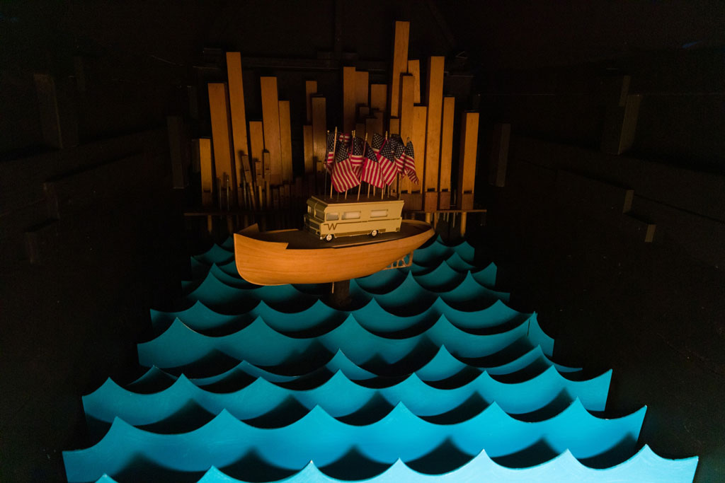 Steven Hull, Our Little Chapel by the Lake: The Transformation of Jesus Christ (Detail), 2019, Mixed media: Wood, gesso, plastic models, wood pipes, plastic flags, plastic flowers, electric motor, and speaker with soundtrack, 345.4 x 157.5 x 274.3 cm, Unique, © Steven Hull, Courtesy the artist and Meliksetian|Briggs