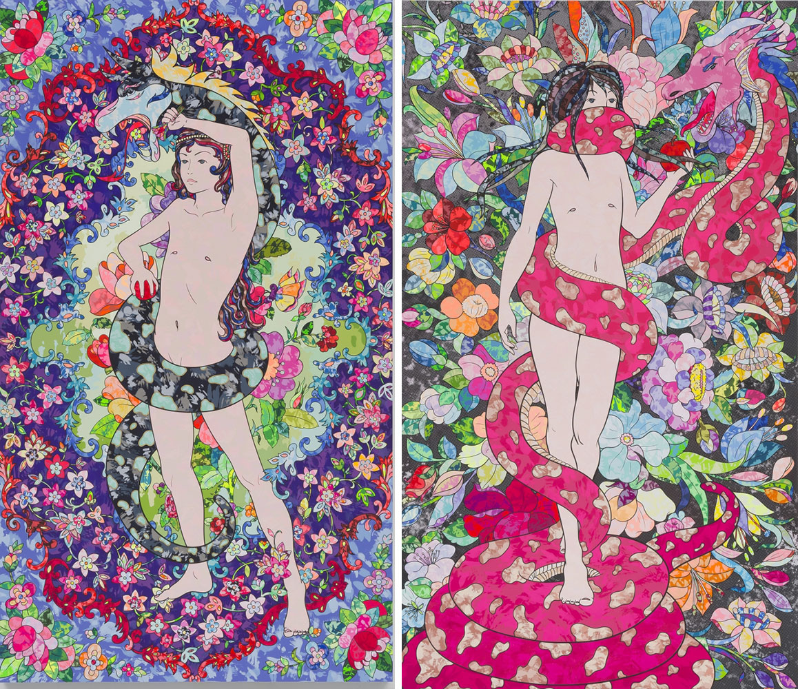 Left: Soraya Sharghi, The Strenght of a Symbol (Eve.7), 2019, Acrylic and gold leaf on canvas, 198.12 x 114.30 cm, © Soraya Sharghi, Courtesy the artist and Leila Heller Gallery. Right: Soraya Sharghi, Tempting (Eve.2), 2018, Acrylic and gold leaf on canvas, 198.12 x 114.30 cm, © Soraya Sharghi, Courtesy the artist and Leila Heller Gallery