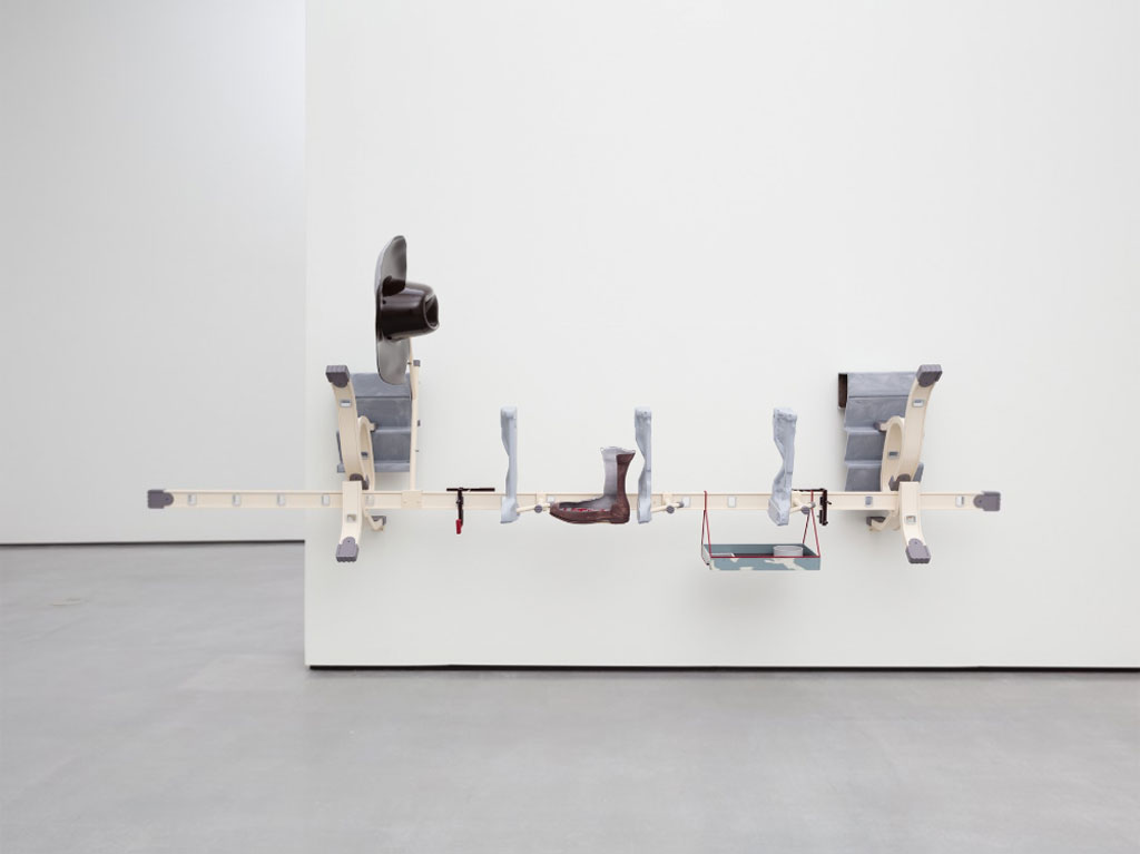 Magali Reus, Dearest (Achilles), 2018, Milled and Powder coated aluminium and steel, hex nuts and bolts, fiberglass and polyester resin, pigments, milles and sprayed model board, C-type print, acrylic engraved aluminium, laser cut and rusted steel, Unique, 131 x 360 x 108 cm, © Magali Reus, Courtesy the artist and Galerie Eva Presenhuber