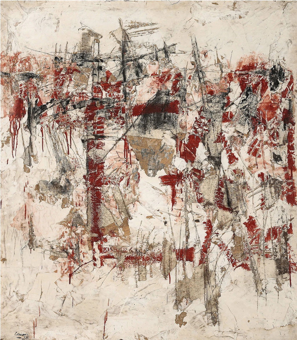 Vlassis Caniaris, Hommage aux murs d’Athènes, 1959, Oil and mixed media on canvas, 152 x 132 x 5 cm, Private Collection of Christos Larsinos
