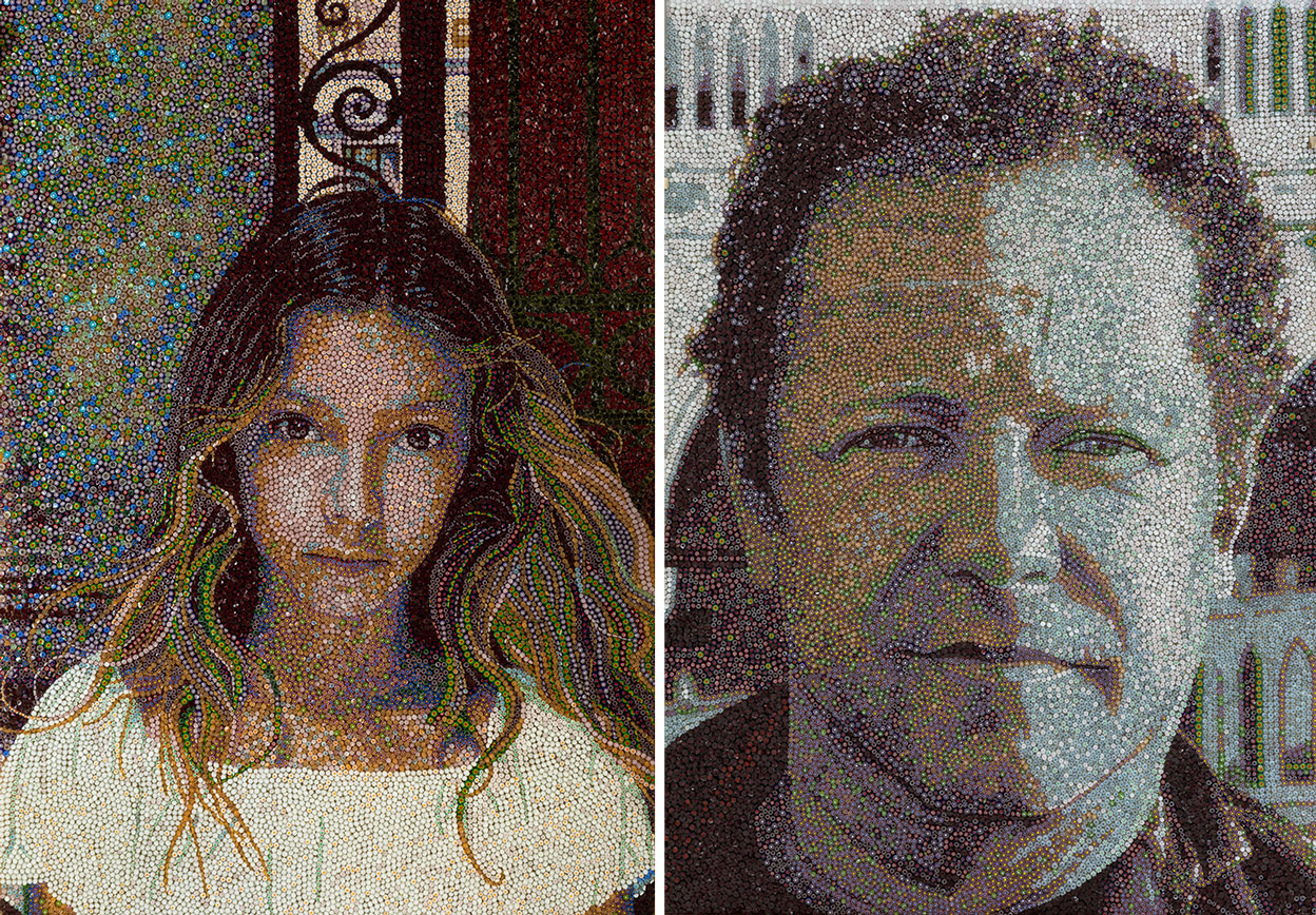 Left: Vik Muniz, Mina (Murrine), 2019, Photo: Alessio Buldrin, Courtesy the artist and Berengo Studio. Right: Vik Muniz, Untitled, 2019, Photo: Alessio Buldrin, Courtesy the artist and Berengo Studio