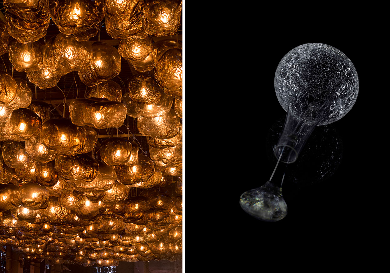 Left: Loris Gréaud, The Unplayed Notes Factory, 2017, glass, light bulbs, metal, from 30 to 60 cm diameter each piece / variable dimensions (installation), Photo credit: Greaudstudio, © Loris Gréaud, Gréaudstudio. Right: Denise Milan , Earth Banquet, Photo: Sergio Coimbra, Courtesy the artist and Berengo Studio