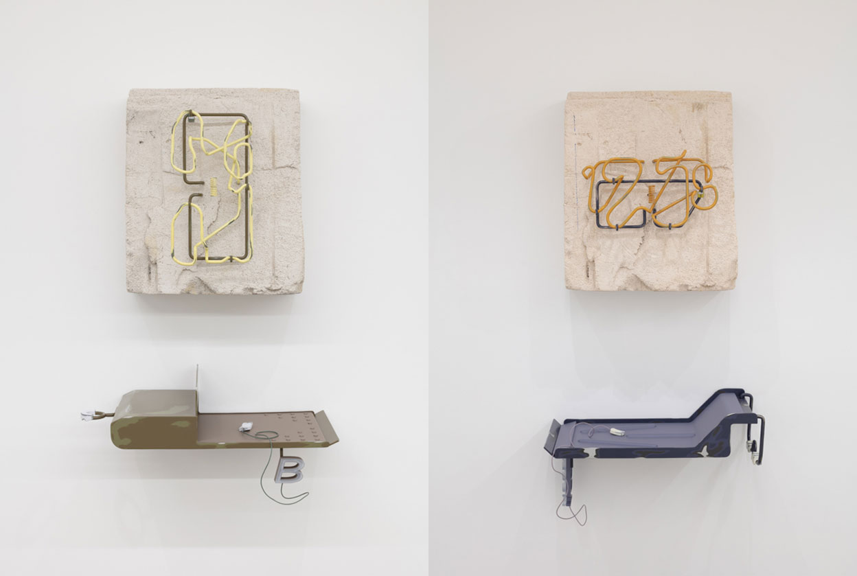 Left: Magali Reus, Empty Every Night (06:00 B), 2019, Fiberglass, Polyester resin, pigments, powder coated steel rod and aluminium, sprayed UV printed resin, spayed Plywood, leather cord; 2 parts, Unique, 60 x 51 x 32 cm and 27 x 73 x 34 cm, © Magali Reus, Courtesy the artist and Galerie Eva Presenhuber. Right: Magali Reus, Empty Every Night (12:58 ACCESS), 2019, Fiberglass, Polyester resin, pigments, powder coated steel rod and aluminium, sprayed UV printed resin, spayed Plywood, leather cord; 2 parts, Unique, 60 x 51 x 32 cm and 39 x 63 x 32 cm, © Magali Reus, Courtesy the artist and Galerie Eva Presenhuber