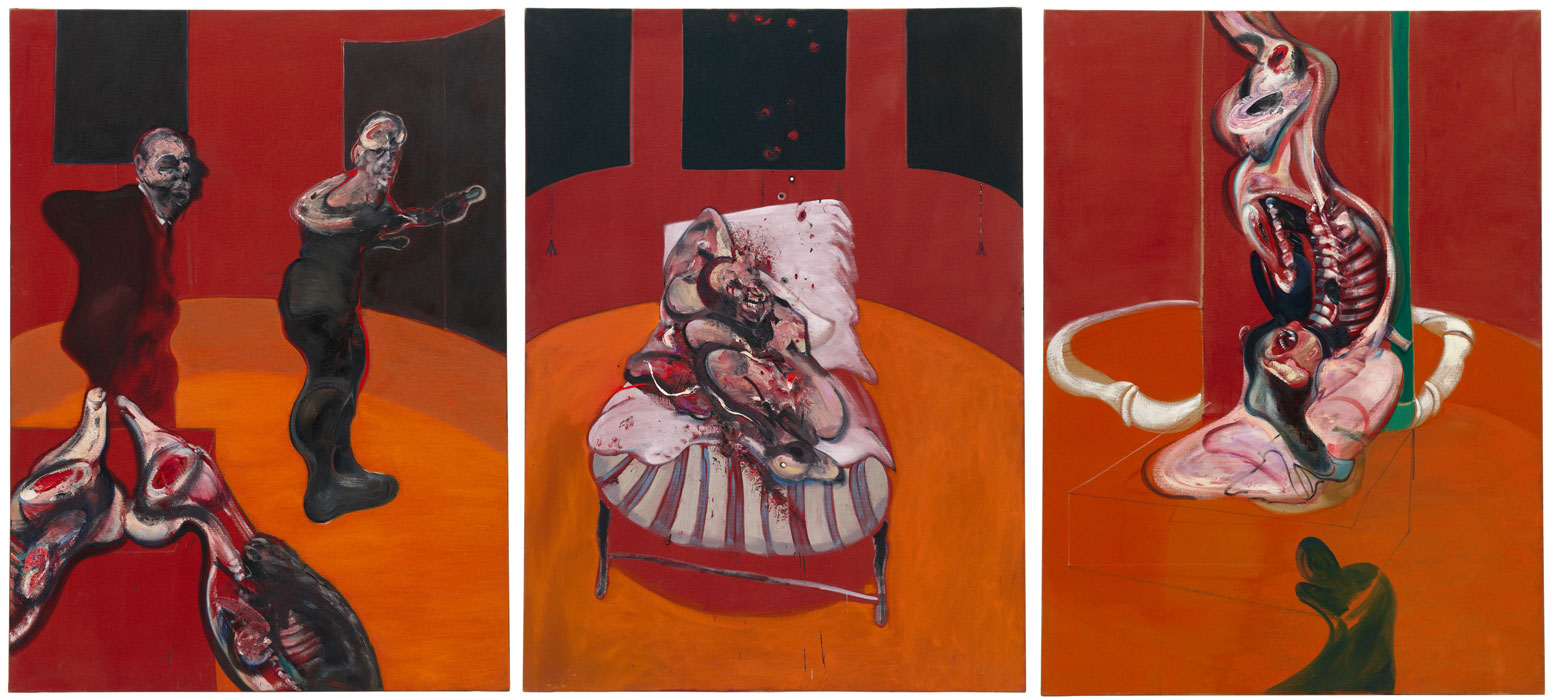 Francis Bacon, Three Studies for a Crucifixion, March 1962, Oil with sand on canvas, three panels, 198.1 x 144.8 cm each, Solomon R. Guggenheim Museum, New York 64.1700, © 2019 The Estate of Francis Bacon. All rights reserved/ARS, New York/DACS, London