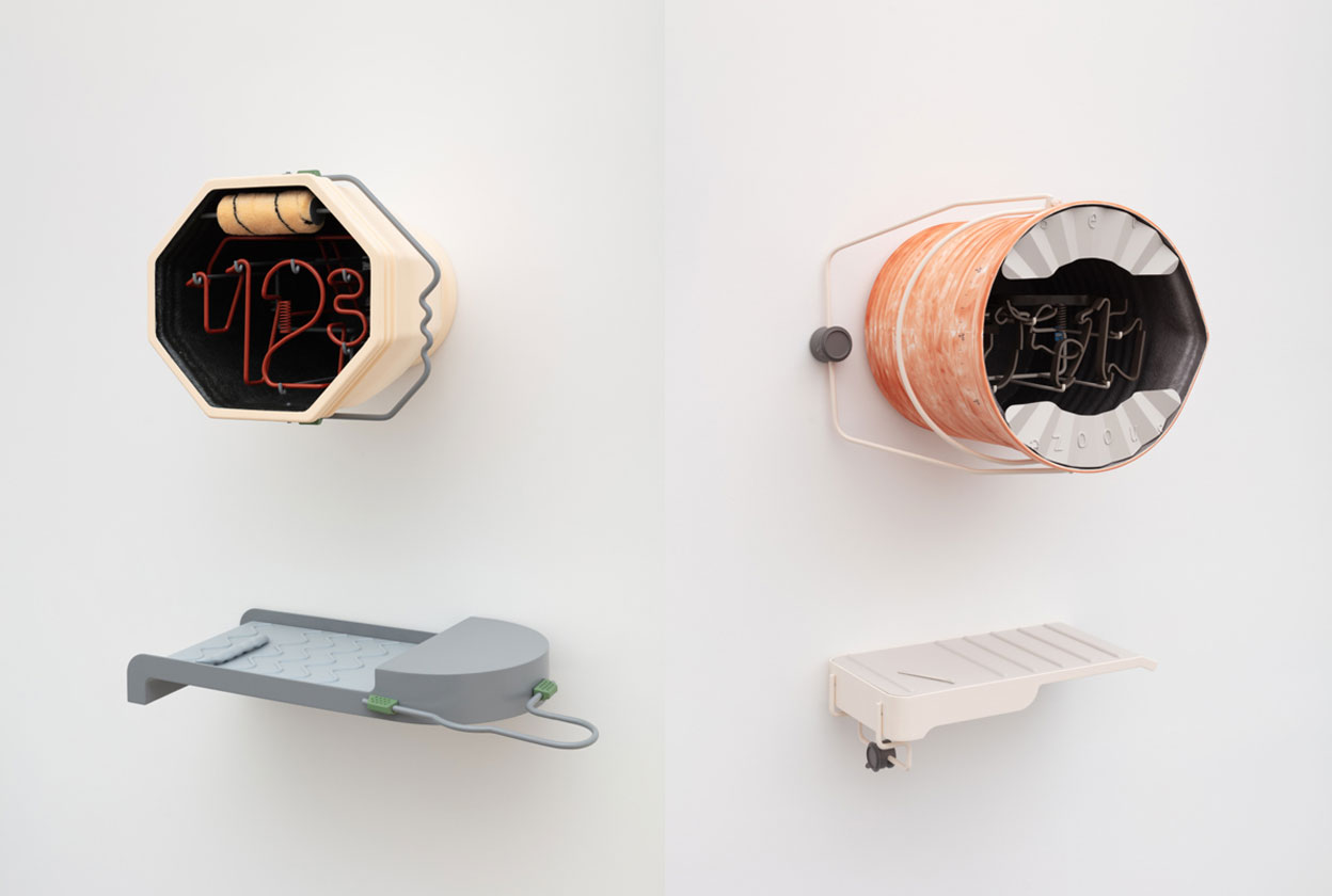 Left: Magali Reus, Empty Every Night (11:23 Cobwebs), 2019, Fiberglass, Polyester resin, pigments, powder coated steel rod and aluminium, sprayed UV printed resin, spayed Plywood, leather cord; 2 parts, Unique, 60 x 51 x 32 cm and 27 x 73 x 34 cm, © Magali Reus, Courtesy the artist and Galerie Eva Presenhuber. Right: Magali Reus, Empty Every Night (04:19 Balloons), 2019, Fiberglass, Polyester resin, pigments, powder coated steel rod and aluminium, sprayed UV printed resin, spayed Plywood, leather cord; 2 parts, Unique, 60 x 51 x 32 cm and 39 x 63 x 32 cm, © Magali Reus, Courtesy the artist and Galerie Eva Presenhuber