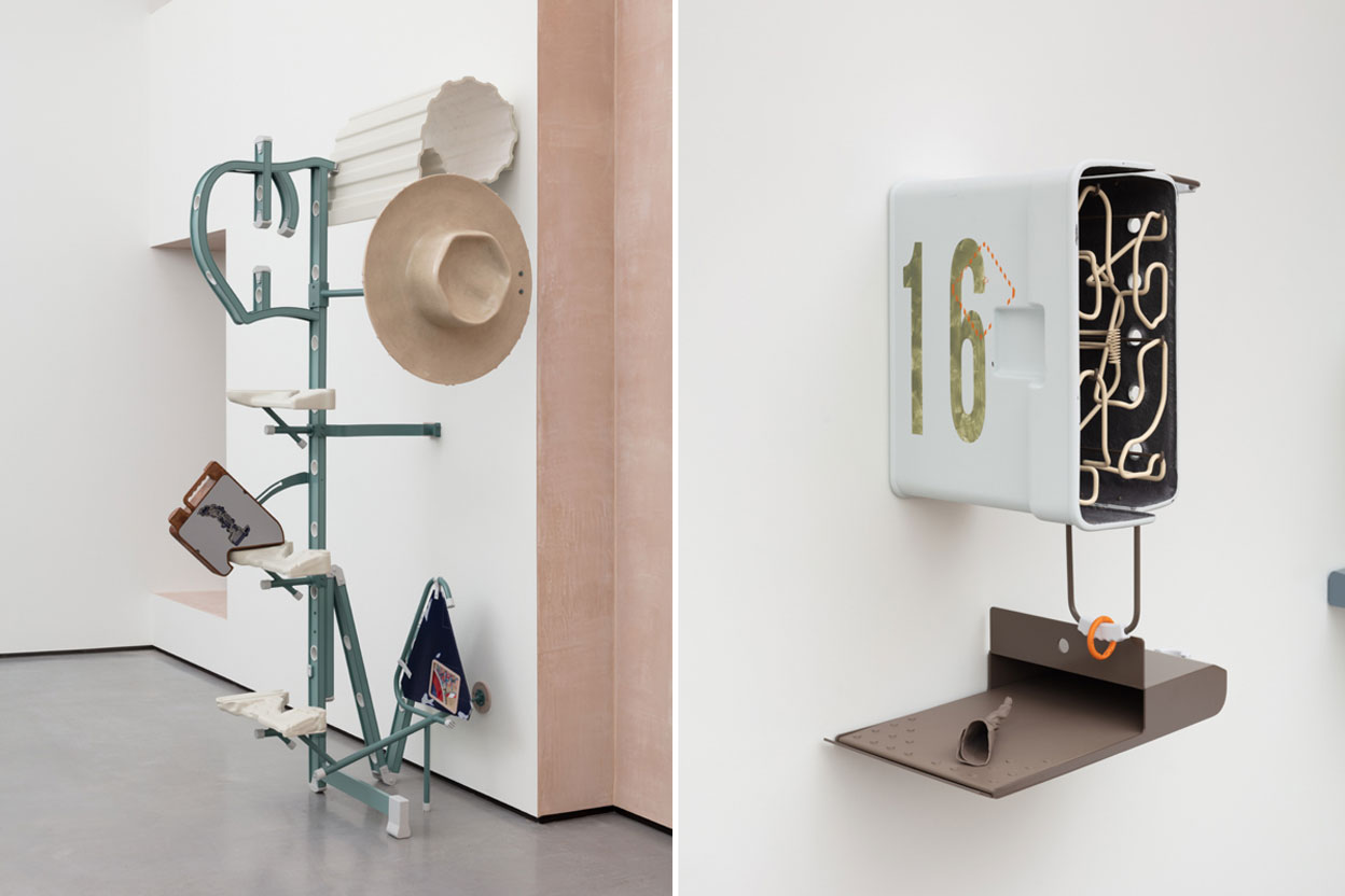 Left: Magali Reus, Dearest (Alibi), 2018, Milled and Powder coated aluminium and steel, hex nuts and bolts, fiberglass and polyester resin, pigments, milles and sprayed model board, C-type print, acrylic engraved aluminium, laser cut and rusted steel, Unique, 235 x 104 x 102 cm, © Magali Reus, Courtesy the artist and Galerie Eva Presenhuber. Right: Magali Reus, Empty Every Night (0602 Pamphlet), 2019, Fiberglass, Polyester resin, pigments, powder coated steel rod and aluminium, sprayed UV printed resin, spayed Plywood, leather cord; 2 parts, Unique, 60 x 51 x 32 cm and 39 x 63 x 32 cm, © Magali Reus, Courtesy the artist and Galerie Eva Presenhuber