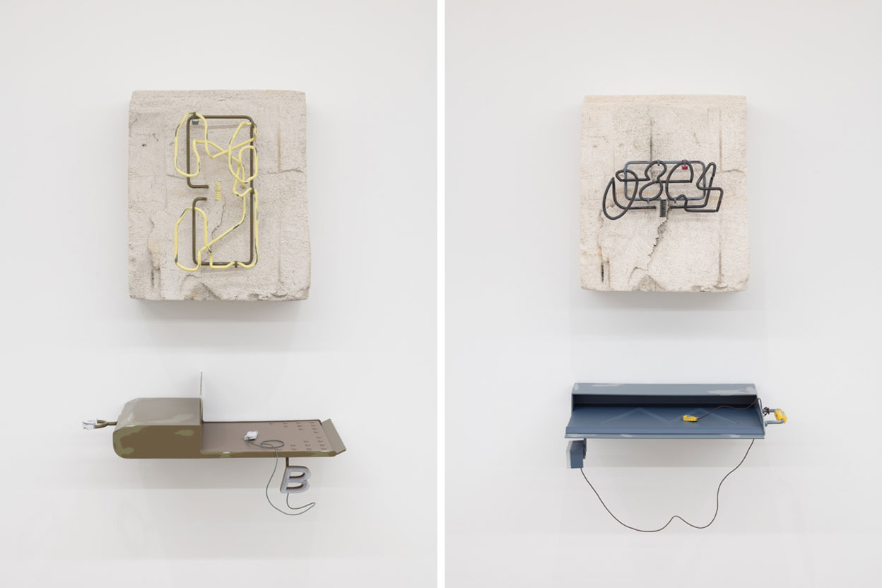 Left: Magali Reus, Empty Every Night (06:00 B), 2019, Fiberglass, Polyester resin, pigments, powder coated steel rod and aluminium, sprayed UV printed resin, spayed Plywood, leather cord; 2 parts, Unique, 60 x 51 x 32 cm and 27 x 73 x 34 cm, © Magali Reus, Courtesy the artist and Galerie Eva Presenhuber. Right: Magali Reus, Empty Every Night (12:58 ACCESS), 2019, Fiberglass, Polyester resin, pigments, powder coated steel rod and aluminium, sprayed UV printed resin, spayed Plywood, leather cord; 2 parts, Unique, 60 x 51 x 32 cm and 39 x 63 x 32 cm, © Magali Reus, Courtesy the artist and Galerie Eva Presenhuber