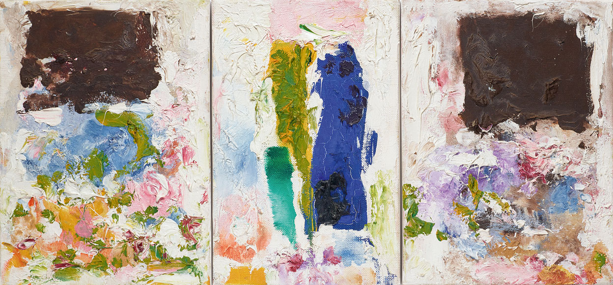 Joan Mitchell, Untitled, 1974-1975, Oil on canvas in three (3) parts, 21.9 x 48.6 cm, Framed: 45.1 x 75.6 x 5.1 cm, © Estate of Joan Mitchell, Private Collection, Minneapolis, Courtesy David Zwirner