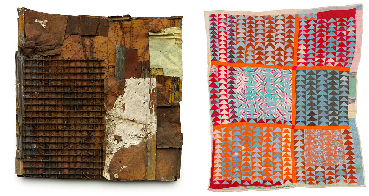 Left: Ronald Lockett, Timothy, 1995, Found sheet metal, tin, wire, paint, and nails on wood, 45 × 43 1/4 × 3 inches. © Estate of Ronald Lockett/ Artists Rights Society (ARS), New York. Photo: Stephen Pitkin/Pitkin Studio/ Art Resource (AR), New York. Purchased with the Thomas Skelton Harrison fund, and gift of the Souls Grown Deep Foundation from the William S. Arnett Collection, 2017. Right: Annie E. Pettway, Flying Geese Variation Quilt, c. 1935, © Estate of Annie E. Pettway