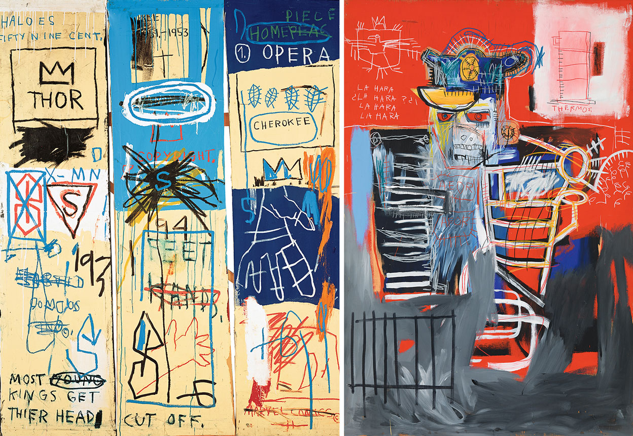 Left: Jean-Michel Basquiat, Charles the First, 1982, Acrylic and oil stick on canvas, three panels, 198.1 x 165.1 cm, Estate of Jean-Michel Basquiat, © Estate of Jean-Michel Basquiat. Licensed by Artestar-New York. Right: Jean-Michel Basquiat, La Hara, 1981, Acrylic and oilstick on wood panel, 182.9 x 121.9 cm, Arora Collection, © Estate of Jean-Michel Basquiat. Licensed by Artestar, New York