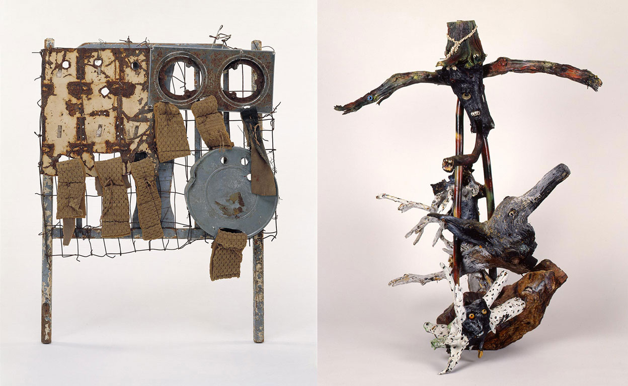 Left: Hawkins Bolden, Untitled, c.1985, Wood headboard, found metal objects, wire fencing, upholstery, fabric, and foam backing, 41 × 33 × 5 inches. © Estate of Hawkins Bolden/Artists Rights Society (ARS), New York. Photo: Ron Lee/The Silver Factory. Purchased with the African American Art fund, and gift of the Souls Grown Deep Foundation from the William S. Arnett Collection, 2017. Image courtesy Philadelphia Museum of Art, 2019. Right: Bessie Harvey, Jezebel, 1987, Wood, jewelry, shells, glitter, beads, nails, paint, spray paint, 50 1/2 × 44 1/2 × 34 inches. © Estate of Bessie Harvey/Artists Rights Society (ARS), New York. Photo: Ron Lee/The Silver Factory. Purchased with the African American Art fund, and gift of the Souls Grown Deep Foundation from the William S. Arnett Collection, 2017. Image courtesy Philadelphia Museum of Art, 2019