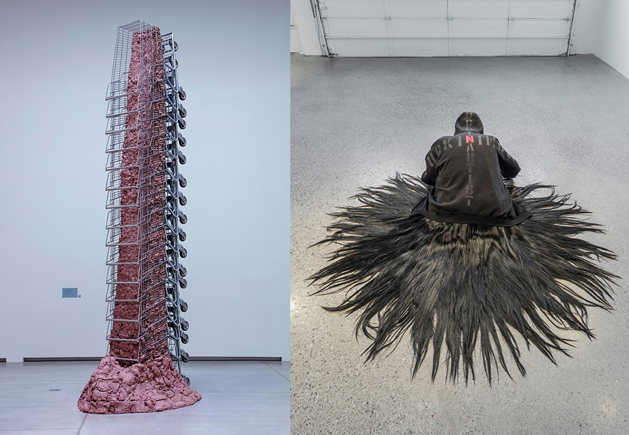 Left: Rebecca Belmore, Tower, 2018 Shopping carts and clay, 460 x 122 x 181 cm (approx.), Installation view at the Art Gallery of Ontario, Purchase, with funds from the Women's Art Initiative and AGO General Acquisitions Fund, 2019, © Rebecca Belmore, Photo: Dean Tomlinson/Art Gallery of Ontario. Right: Rebecca Belmore, Mixed Blessing, 2012, Hair, plaster of paris and hoodie, Dimensions variable, installation view at the Art Gallery of Ontario, Musée des beaux-arts de Montréal, Purchase, Louise Lalonde-Lamarre Memorial Fund), Photo: Toni Hafkenshied, Courtesy Jessica Bradley Inc.