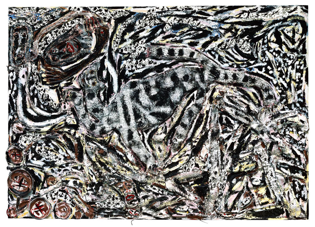 Thornton Dial, The Last Day of Martin Luther King, 1992, Wood, carpet, rope carpet, wire screen, metal pans, broken glass, broom, mop cords, cloth, string, enamel, and Splash Zone compound on canvas on wood, 6 feet 8 inches × 9 feet 5 1/2 inches × 4 1/2 inches. © Estate of Thornton Dial/Artists Rights Society (ARS), New York. Photo: Gamma One Conversions. Purchased with the George W. Elkins fund, and gift of the Souls Grown Deep Foundation from the William S. Arnett Collection, 2017. Image courtesy Philadelphia Museum of Art, 2019
