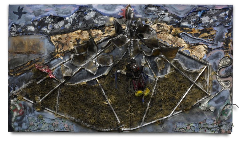 Thornton Dial, High and Wide (Carrying the Rats to the Man), 2002, Goat hides, carpet, found metal, clothing, stuffed-animal backpack, barbed wire, upholstery, textbook cover, Splash Zone compound, enamel, and spray paint on canvas on wood, 6 feet 4 inches × 11 feet 2 inches × 13 inches. © Estate of Thornton Dial/Artists Rights Society (ARS), New York. Photo: Stephen Pitkin/Pitkin Studio/Art Resource (AR), New York. Purchased with the McNeil Acquisition Fund for American Art and Material Culture, and gift of the Souls Grown Deep Foundation from the William S. Arnett Collection, 2017. Image courtesy Philadelphia Museum of Art, 2019