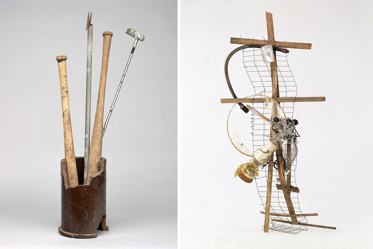 Left: Lonnie Holley, Protecting Myself the Best I can (Weapons by the Door), 1994, Terra-cotta pipe, golf club, baseball bats, metal pipe, clothespins, and tape, 35 × 16 × 16 inches. © Lonnie Holley/ Artists Rights Society (ARS), New York. Photo: Stephen Pitkin/Pitkin Studio/Art Resource (AR), New York. Purchased with the African American Art fund, and gift of the Souls Grown Deep Foundation from the William S. Arnett Collection, 2017. Image courtesy Philadelphia Museum of Art, 2019. Right: Lonnie Holley. No Light on the Crosses, 1994, Wood, metal fencing, headlight, ceramic lamp, electrical cords, ice cream scooper, metal drain cover, wire, drill bit, rope, drum head, 6 feet 11 inches × 43 inches × 23 inches. © Lonnie Holley/ Artists Rights Society (ARS), New York. Photo: Ron Lee/The Silver Factory. Purchased with the African American Art fund, and gift of the Souls Grown Deep Foundation from the William S. Arnett Collection, 2017. Image courtesy Philadelphia Museum of Art, 2019