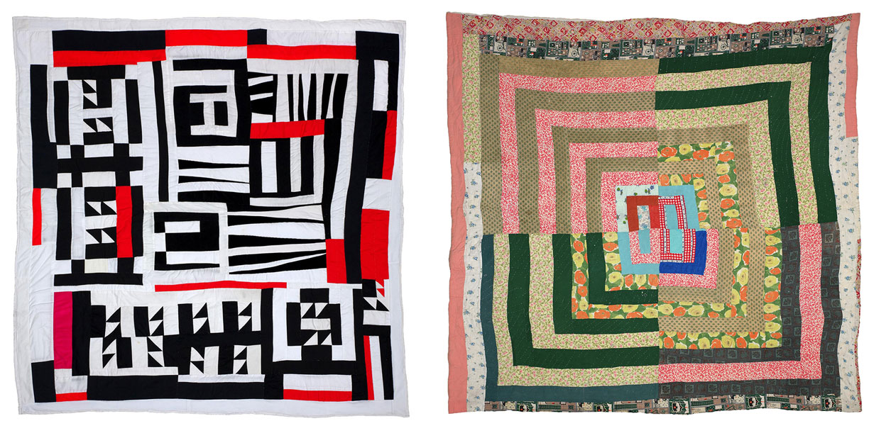 Left: Mary Lee Bendolph. Blocks, Strips, Strings, and Half Squares, 2005, Pieced cotton plain weave, twill, corduroy, nylon twill, and cellulose acetate knit, 7 feet × 6 feet 9 inches. © Estate of Mary Lee Bendolph/Artists Rights Society (ARS), New York. Photo: Stephen Pitkin/Pitkin Studio/Art Resource (AR), New York. Purchased with the Phoebe W. Haas fund for Costume and Textiles, and gift of the Souls Grown Deep Foundation from the William S. Arnett Collection, 2017. Image courtesy Philadelphia Museum of Art, 2019. Right: Delia Bennett, Housetop Quilt- Fractured-Medallion Variation c. 1955. Cotton, 79 inches × 79 inches. © Estate of Delia Bennett/Artists Rights Society (ARS), New York. Philadelphia Museum of Art, museum purchase, and gift of the Souls Grown Deep Foundation from the William S. Arnett Collection, 2017. Photo: Stephen Pitkin/Pitkin Studio/Art Resource (AR), New York. Image courtesy Philadelphia Museum of Art, 2019
