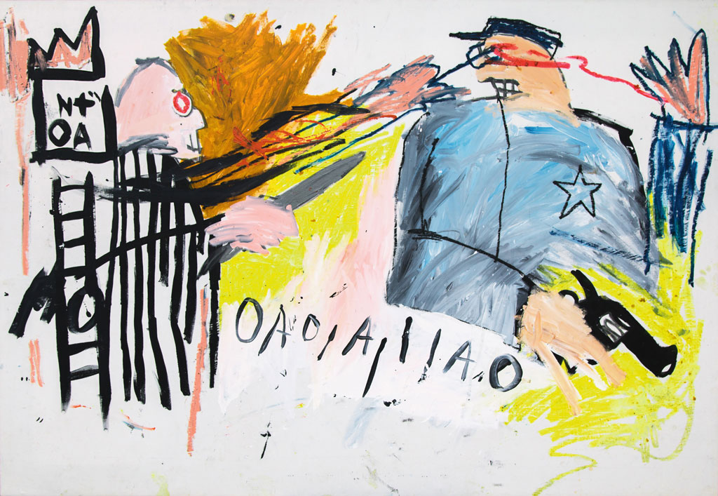 Jean-Michel Basquiat, Untitled (Sheriff), 1981, Acrylic and oilstick on canvas, 130.8 x 188 cm, Carl Hirschmann Collection, © Estate of Jean-Michel Basquiat. Licensed by Artestar, New York