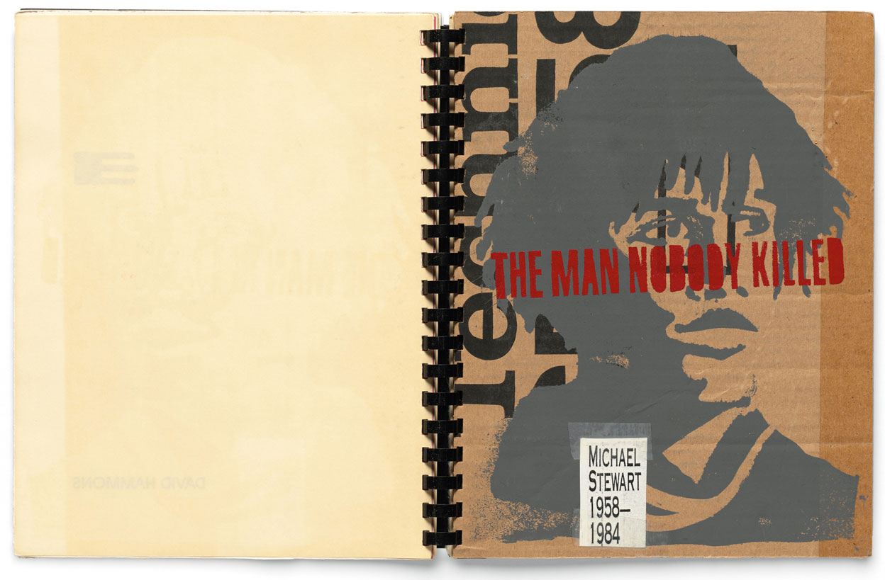 David Hammons, The Man Nobody Killed, 1986, Stenciled paint on commercially printed cardboard with cut-and-taped photocopy from a spiral bound periodical with works by various artists, From Eye magazine, no. 14, “Cobalt Myth Mechanics” 1986, Publisher: Eye Publications, New York, Printer: the artist, New York, Each page: 27.9 x 21.6 cm, closed: 27.9 x 22.9 x 1.9 cm, The Museum of Modern Art, New York, Henry Church Fund (by exchange), 2015, © The Museum of Modern Art. Licensed by SCALA/ARS New York