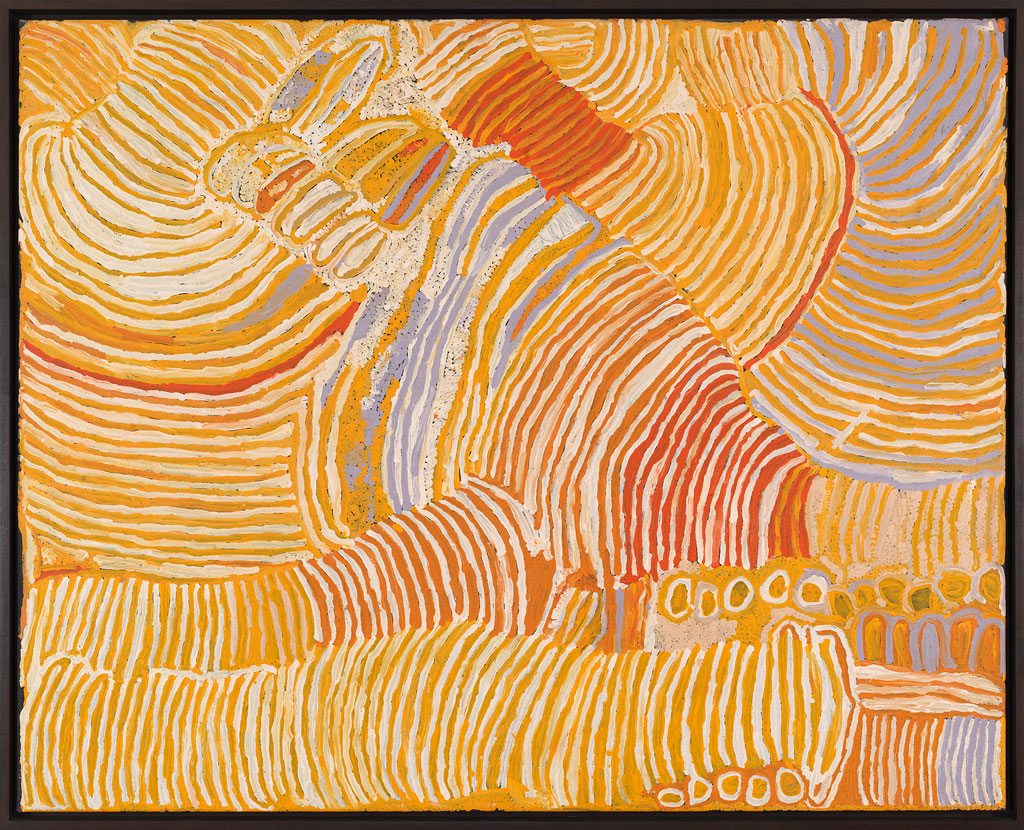 Makinti Napanangka, Kungka Kutjarra (Two Women), 2001, Synthetic polymer paint on linen, 121.9 x 153 cm, © Makinti Napanangka, © Copyright Agency Licensed by Artists Rights Society (ARS), New York, 2019, Photo: Rob McKeever, Courtesy Gagosian