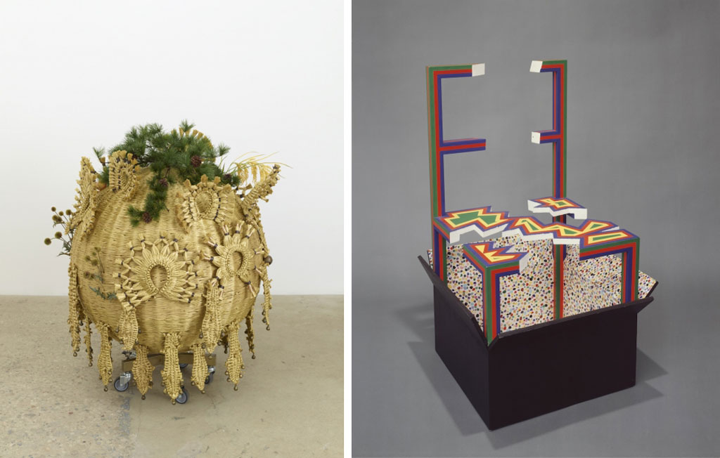 Left: Haegue Yang, The Intermediate – Inceptive Sphere, 2016, Artificial straw, steel stand, powder coating, artificial plants, artificial fruits, plastic twine, Indian bells, and casters, 134.9 × 114.9 × 114.9 cm, General Acquisition Fund, © Haegue Yang. Right: Lucas Samaras, Chair Transformation #9, 1969-70, Acrylic on wood, 101.6 x 63.5 x 63.5 cm, Courtesy Pace Gallery-New York, Photo: Bill Jacobson, © Lucas Samaras