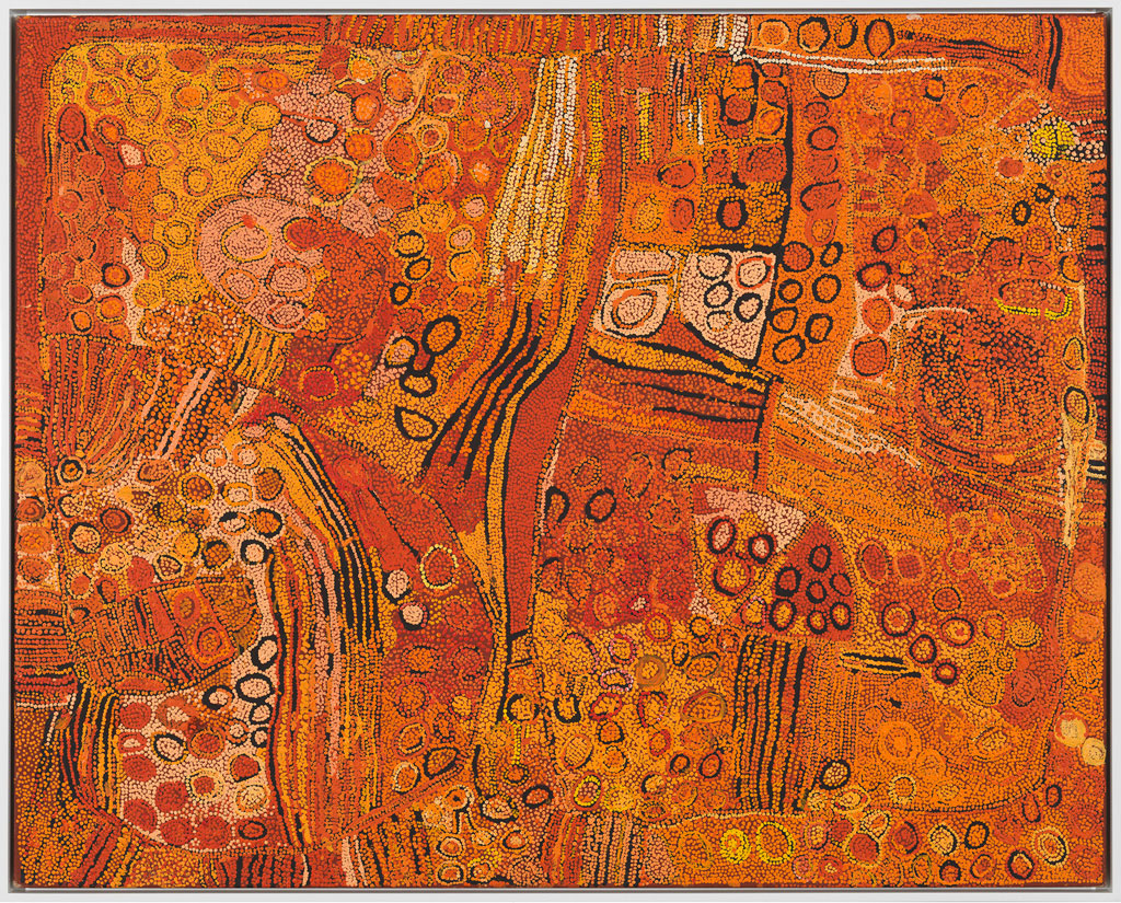 Naata Nungurrayi, Untitled, 2010, Synthetic polymer paint on linen, 121.9 x 137 cm, © Naata Nungurrayi, © Copyright Agency. Licensed by Artists Rights Society (ARS), New York, 2019, Photo: Rob McKeever, Courtesy Gagosian