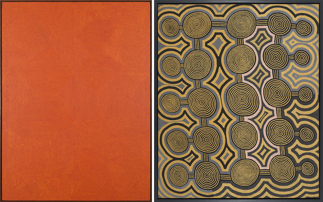 Left: George Ward Tjungurrayi, Untitled – Kirrimalunya (Detail), 2007, Synthetic polymer paint on linen 96 1/8 x 72 1/8 in 244 x 183 cm, © George Ward Tjungurrayi, © Copyright Agency, Licensed by Artists Rights Society (ARS), New York, 2019 Photo: Rob McKeever, Courtesy Gagosian. Right: Ronnie Tjampitjinpa, Tarkulnga, 1988, Synthetic polymer paint on linen, 183.2 x 153 cm, © Ronnie Tjampitjinpa, © Copyright Agency. Licensed by Artists Rights Society (ARS), New York, 2019, Photo: Rob McKeever, Courtesy Gagosian