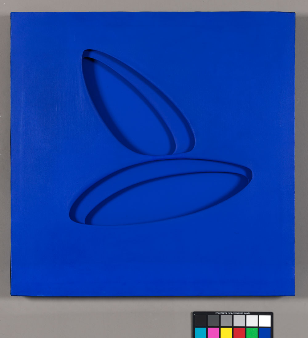 Paolo Scheggi, Reflected Zones, 1964, Blue acrylic on three superimposed canvases, 100,5 x 100 x 7 cm Private Collection-Florence, Courtesy Tornabuoni Arte