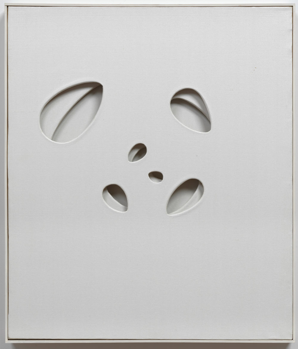 Paolo Scheggi, White Curved Intersurface: Construction on the Rotation of a Logarithmic Spiral Gamma Object, 1964, White acrylic on three superimposed canvases, 78 x 69 x 7.8 cm, Private Collection-Florence, Courtesy Tornabuoni Arte