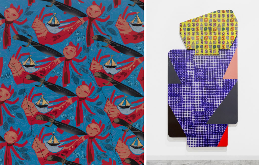 Left: Lari Pittman, Portrait of a Textile (Glazed Chintz), 2018, Cel-vilyl, spray enamel on canvas over wood panel, 205.7 x 177.8 x 5.1 cm, Courtesy the artist and Regen Projects-Los Angeles, © Lari Pittman. Right: Ruth Root, Untitled, 2016, Plexiglas, enamel and spray paint, 240.7 x 121.9 cm, Institute of Contemporary Art-Boston, Gigt of the American Academy of Arts nad Letters-New York, Hassam, Speicher Betts and Symons Funds, © Ruth Root