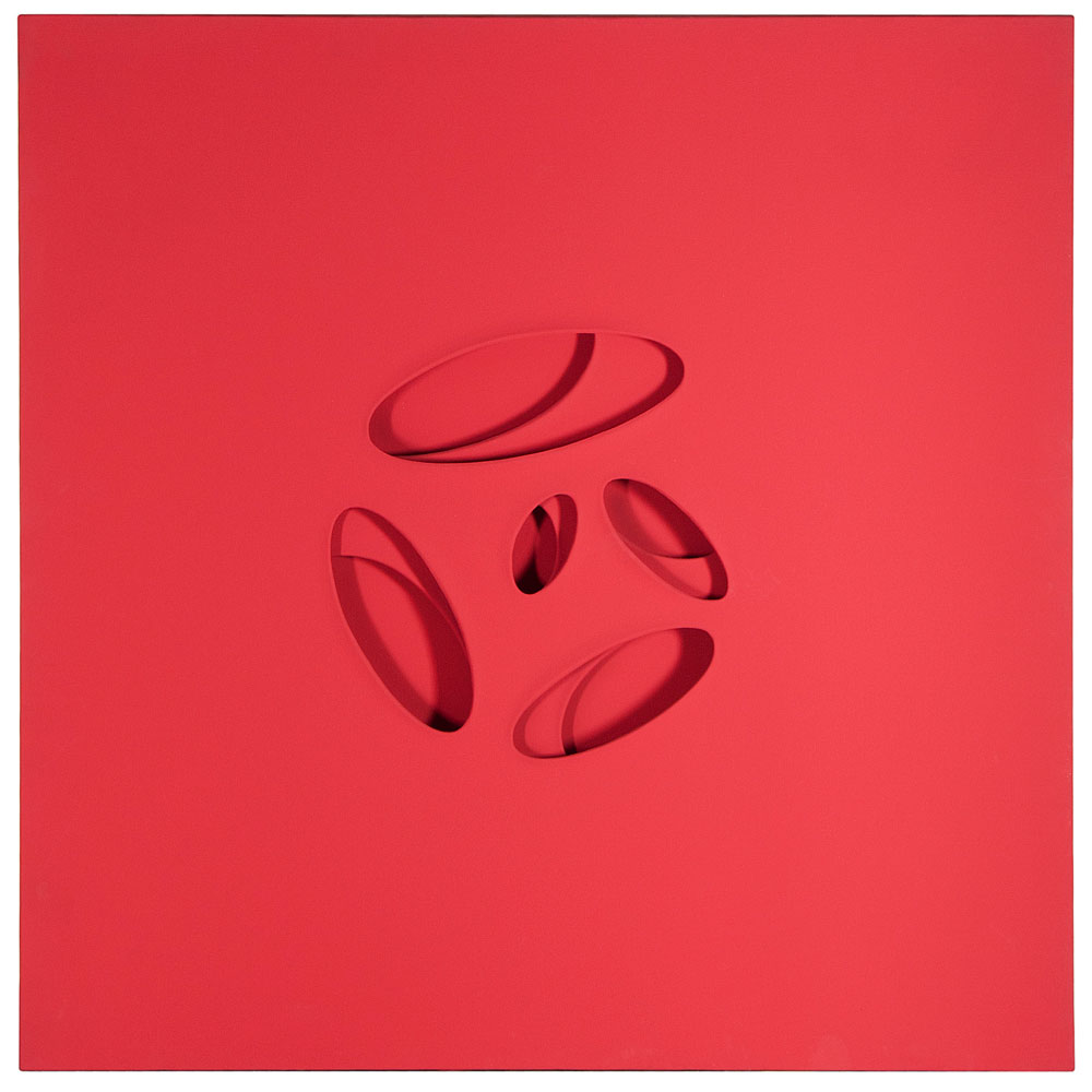 Paolo Scheggi, Curved Intersurface, 1965, Red acrylic on three superimposed canvases, 100 x 100 x 6 cm, Franca and Cosima Scheggi Collection-Milan