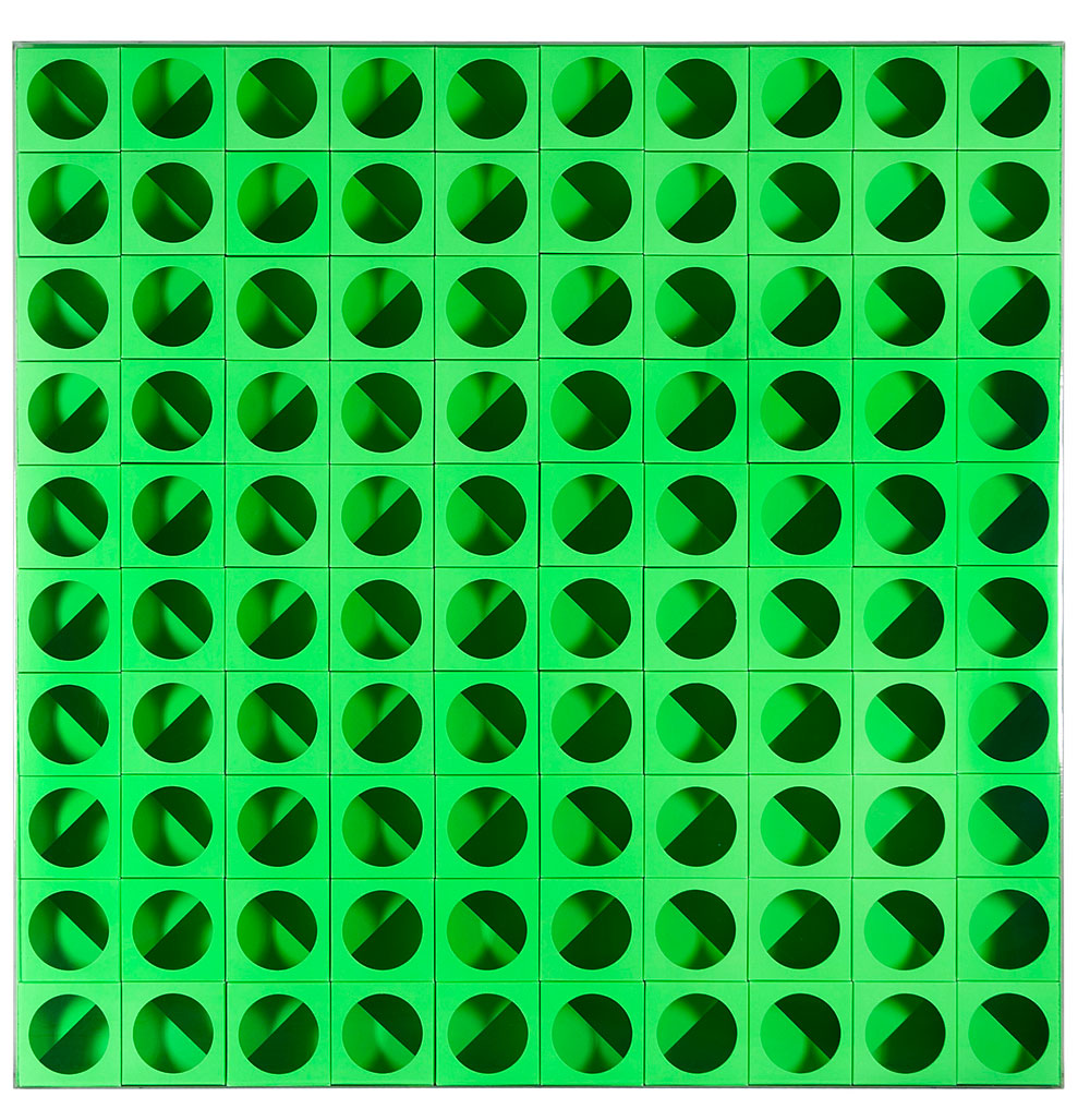 Paolo Scheggi, Inter-ena-cube, 1968, Modules of punched green cardboard and Plexiglas, 102 x 102 x 11 cm, Franca and Cosima Scheggi Collection-Milan