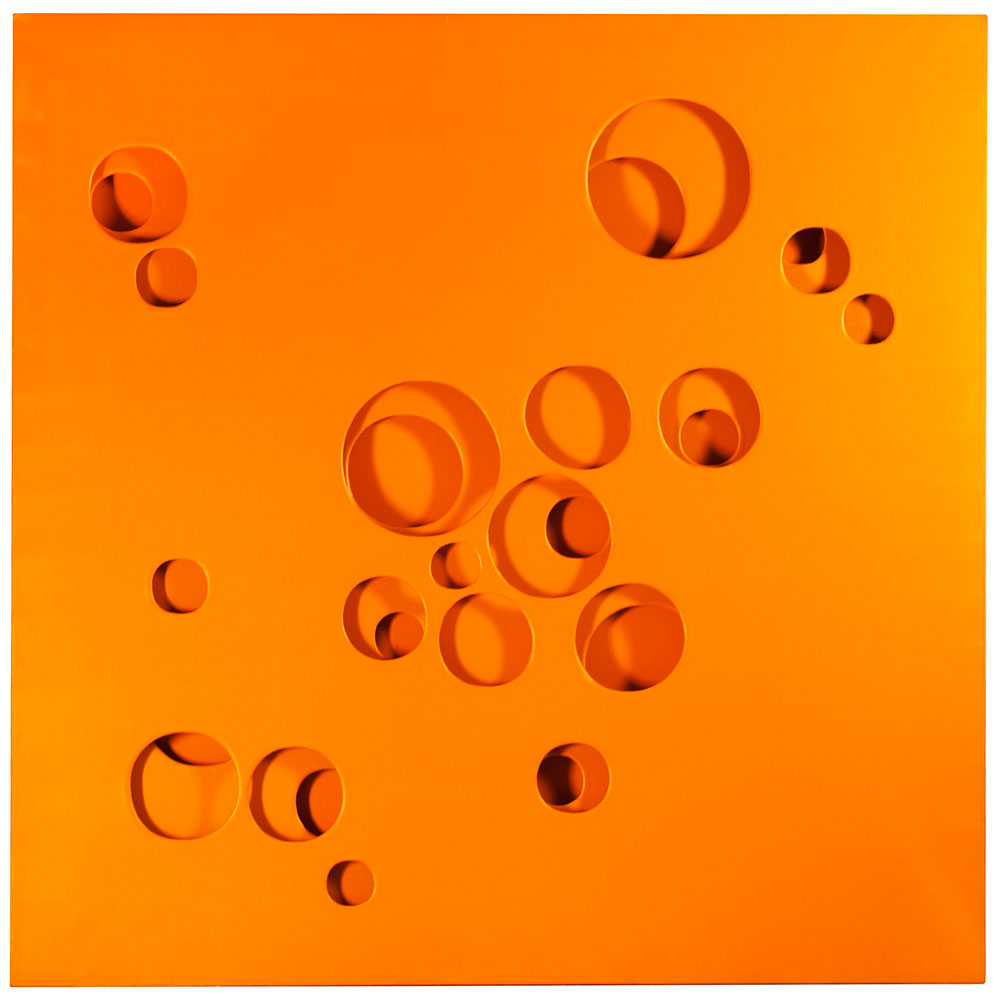 Paolo Scheggi, Curved Intersurface in Orange, 1969, Orange acrylic on three superimposed canvases, 120 × 120 × 6.5 cm, Franca and Cosima Scheggi Collection-Milan