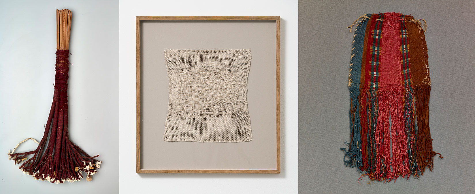 Left: Culture: Chancay, Representation of a tree (element for figural scene) 1000–1460, Camelid fiber and reed, Dallas Museum of Art, the Nora and John Wise Collection, bequest of Nora Wise, 1989.W.2456. Center: Sheila Hicks, Hieroglyph Wuppertal, Natural linen, Collection of Deedie Potter Rose, Photo: Michael Brzezinski, © Sheila Hicks. Right: Peru, Bag with fringe, Cotton and camelid fiber, Dallas Museum of Art, the Nora and John Wise Collection, bequest of Nora Wise, 1989.W.2416