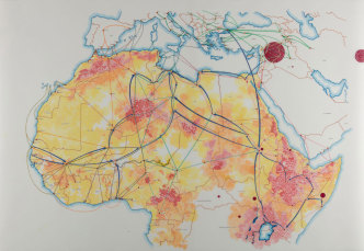 Tiffany Chung, ICMPD, IOM Missing Migrants Project, Frontex, Reuters, NYT: migration routes through Africa to Europe, 2017, Acrylic, ink and oil on drafting film, 92 x 131 cm, Courtesy the Artist and Tyler Rollins Fine Art