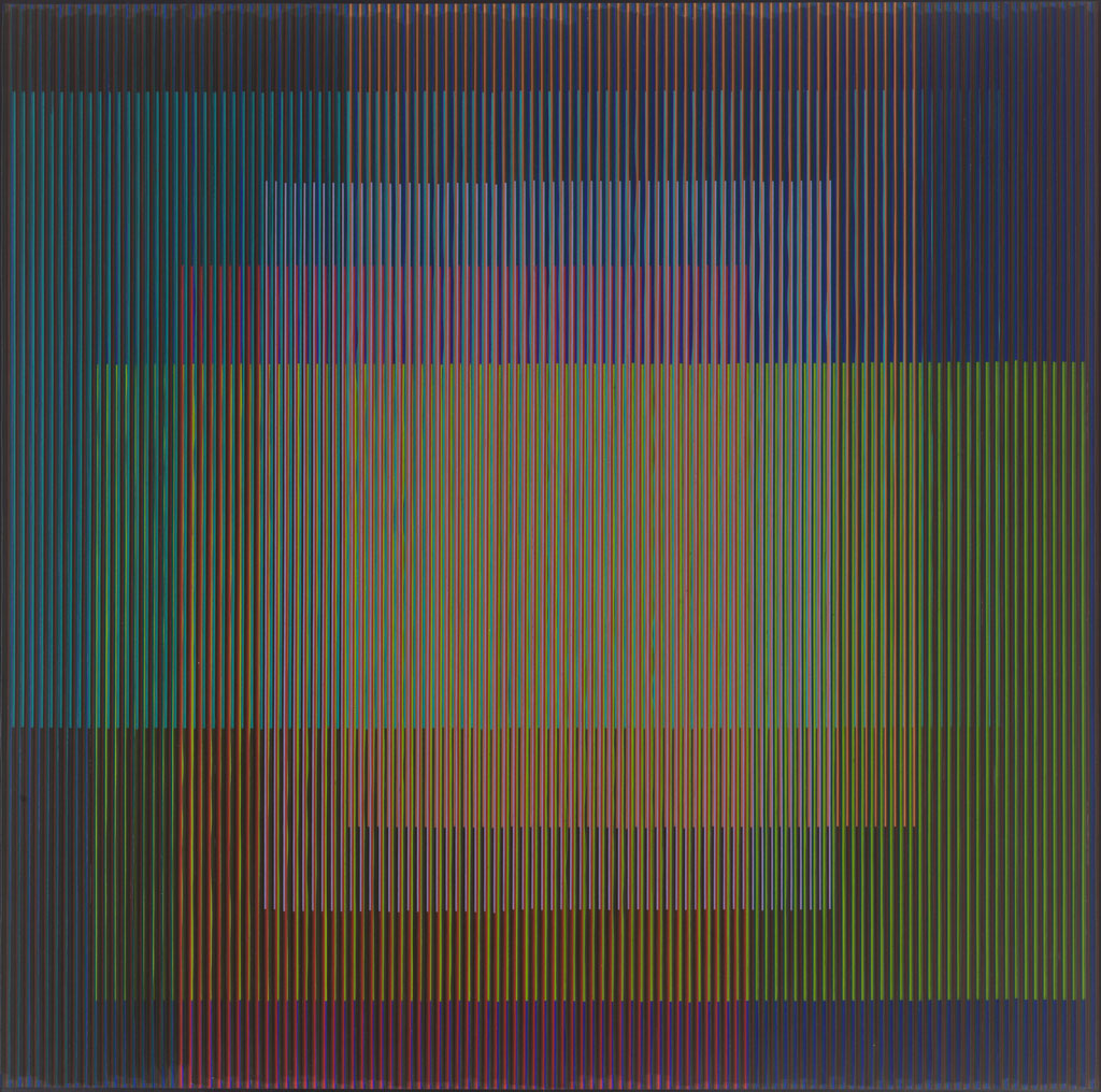 Carlos Cruz-Diez, Physichromie Nr. 417, 1968, Oil, plastic on wood, 121 x 122 x 7 cm, mumok Museum moderner Kunst Stiftung Ludwig Wien, On loan from the Austrian Ludwig Foundation, since 1981, Photo: mumok, © Bildrecht Wien, 2019