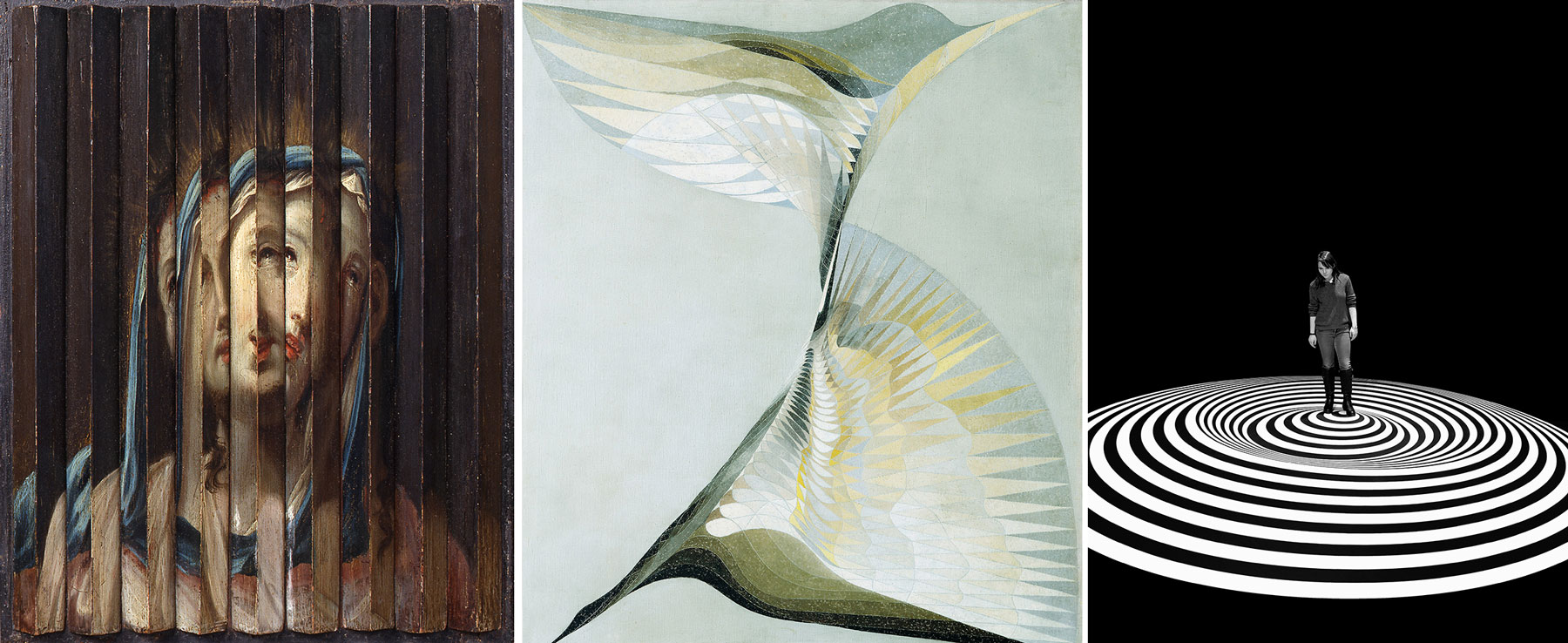 Left: Guido Reni Umkreis, Jesus und Maria, First half of 17th century, Oil on wood, 33,5 x 26,5 cm, © Sammlung Werner Nekes. Center: Erika Giovanna Klien, Diving Bird, 1939, Oil on canvas, 111 x 96 cm, © Belvedere-Wien. Right: Marina Apollonio, Spazio Ad Attivazione Cinetica 6B, 1966/2015, Museo del Barrio-NY, Courtesy Photo: Lauren Glazer, © Marina Apollonio