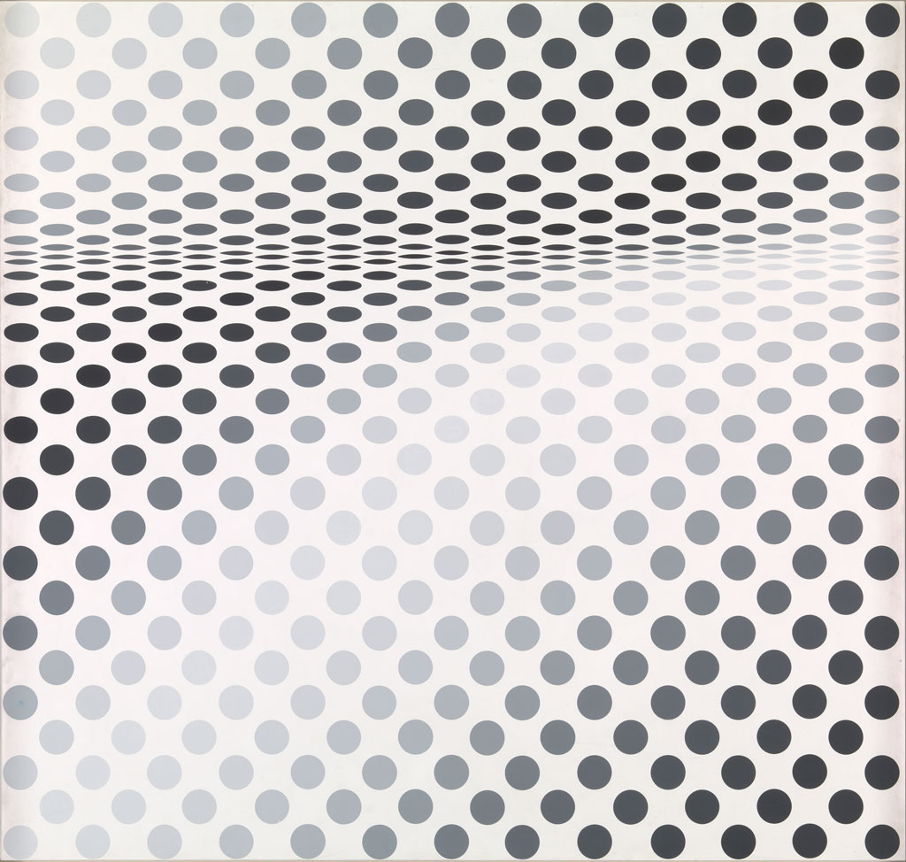 Bridget Riley, Hesitate, 1964, Emulsion on hardboard, 107 x 113 cm, Photo: © Tate-London 2019, © Tate, London, presented by the Friends of the Tate Gallery 1985/Bildrecht Wien/Bridget Riley, 2019