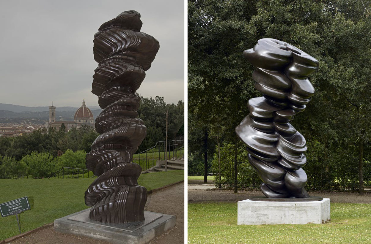 Left & Right: Exhibition view, Tony Cragg at Boboli Gardens, Giardino di Boboli, Florence, Courtesy the artist and Le Gallerie Degli Uffizi