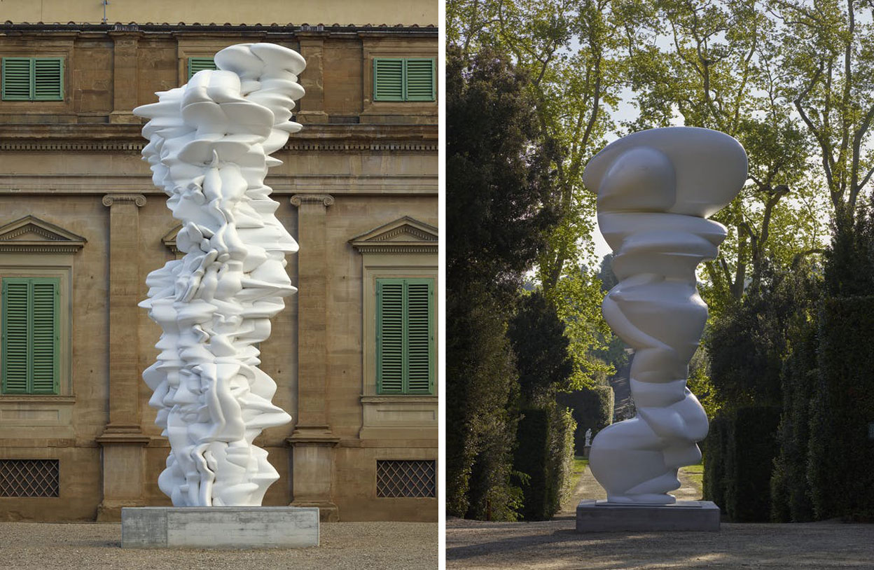 Left & Right: Exhibition view, Tony Cragg at Boboli Gardens, Giardino di Boboli, Florence, Courtesy the artist and Le Gallerie Degli Uffizi