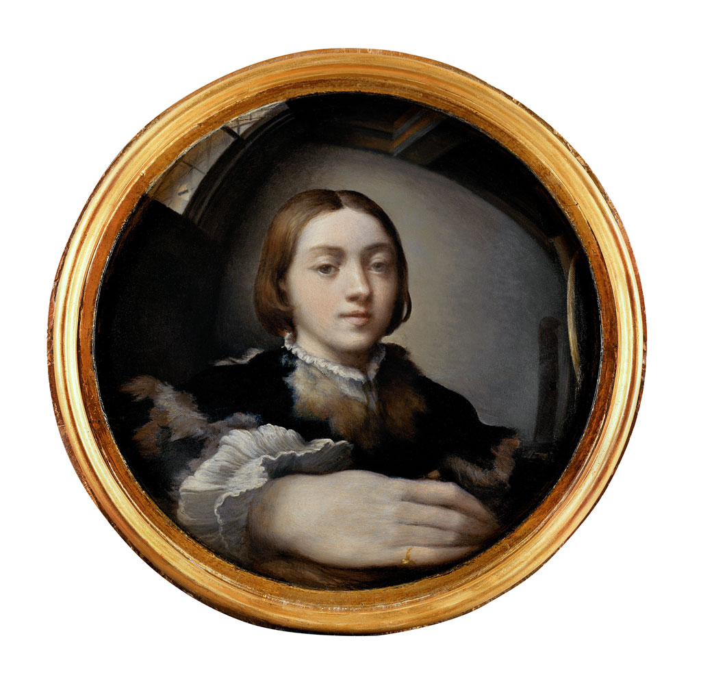 Francesco Mazzola gen. / known as Parmigianino, Selbstbildnis im Konvexspiegel, um 1523/1524, Oil on wood, Diameter 24,5 cm, © KHM-Museumsverband