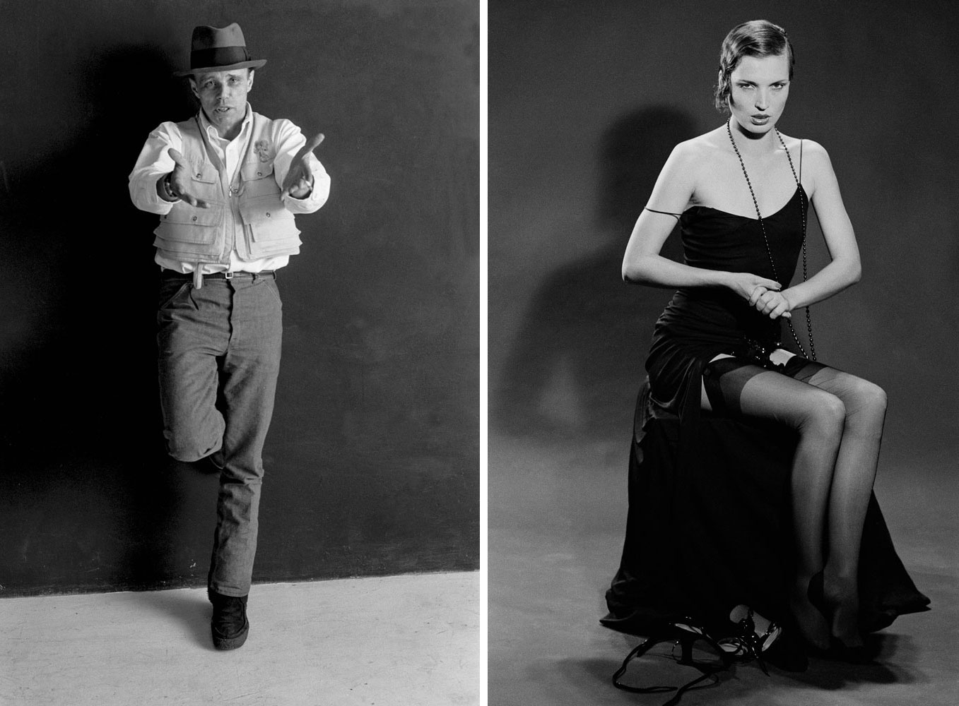 Left: Joseph Beuys, Scultura invisibile performance in studio, 1973, Photo: Elisabetta Catalano. Right: Fabio Mauri, Europa bombardata performance in studio, 1978 Photo: Elisabetta Catalano