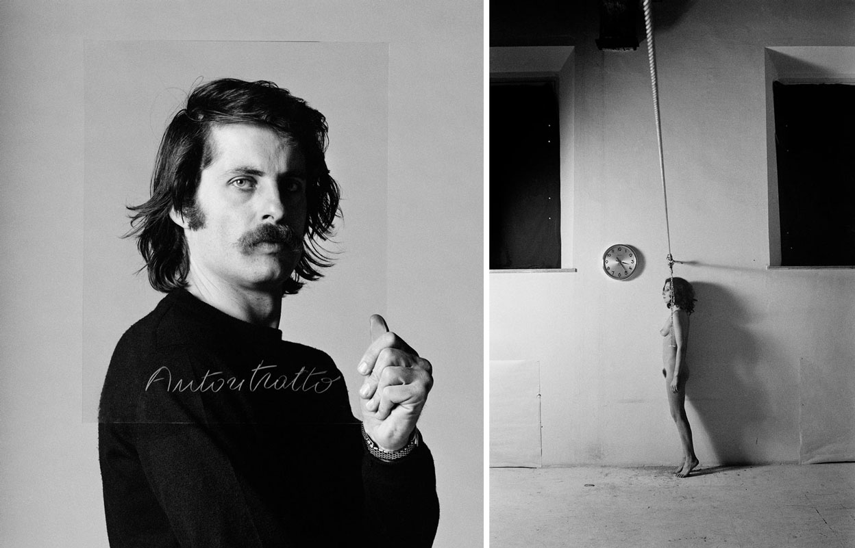 Left: Cesare Tacchi, Painting performance in studio, 1972, Photo: Elisabetta Catalano. Right: Vettor Pisani, Lo scorrevole performance in studio, 1972, Photo: Elisabetta Catalano