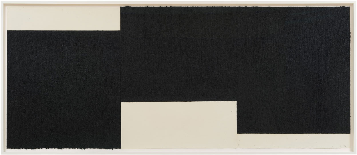 Richard Serra, Triptych #2, 2019 Paintstick, etching ink, and silica on three sheets of handmade paper, 123.8 × 299.7 cm, © 2019 Richard Serra/ Artists Rights Society (ARS), New York. Photo: Rob McKeever, Courtesy the artist and Gagosian