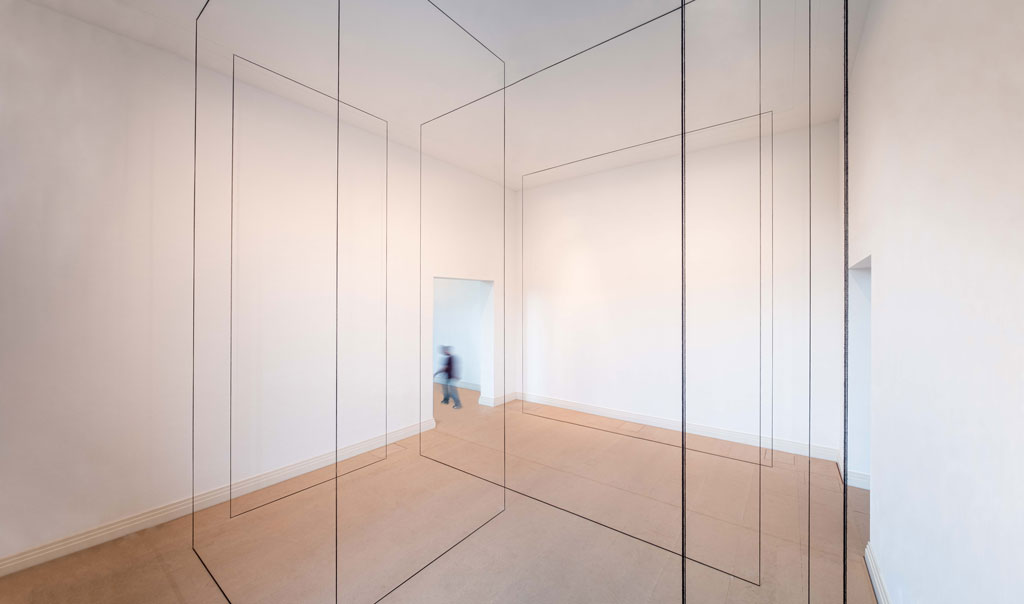 Fred Sandback, Untitled (Sculptural Study, Six-part Construction), 1980/2019, Black acrylic yarn, dimensions variable, Installation view of: Walking Through Walls, Gropius Bau-Berlin, 2019, © 2019 Fred Sandback Archive, Photo: Mathias Völzke, Courtesy: David Zwirner