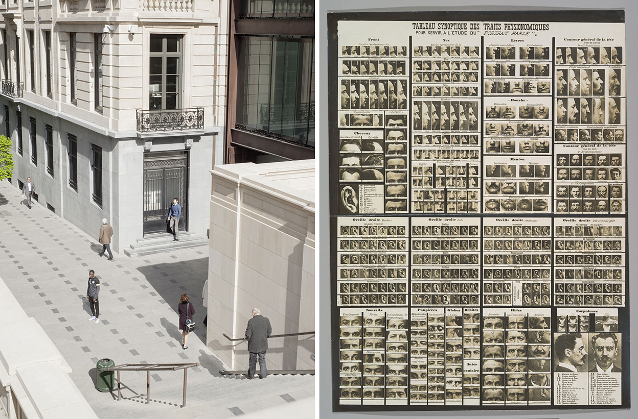 Left: Esther Hovers, from False Positives, 2015–2016, © Esther Hovers. Right: Alphonse Bertillon, Tableau synoptic des traits physionomiques: pour servir a l’étude du “portrait parlé”, approx. 1909 (courtesy of The Metropolitan Museum of Art, New York), from Mushon Zer Aviv, The Normalizing Machine, 2018 © Mushon Zer-Aviv