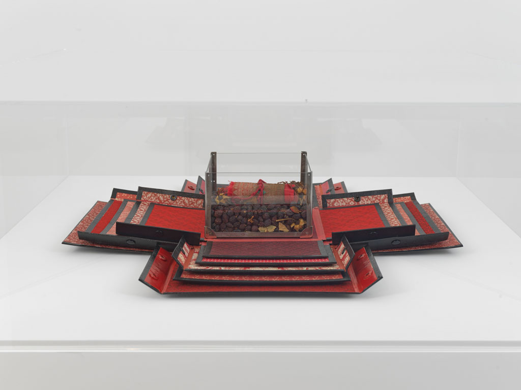 Ricardo Brey, Chinese Purple, 2012, Paper, fabric, glass, metal, rosebuds, dried roses, rope, cloth, folded book, Dimensions variable, © Ricardo Brey, Courtesy the artist and Alexander Gray Associates