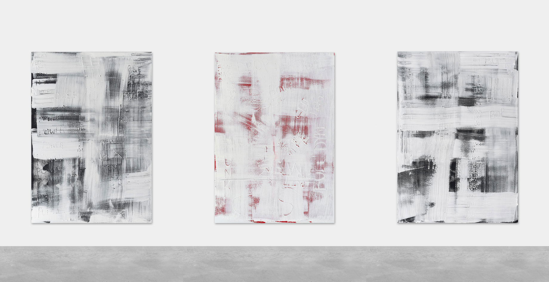 Left: Richard Kennedy, N, 2019, Painting - Acrylic on canvas, 190 x 134 cm, © Richard Kennedy, Courtesy the artist and Peres Projects-Berlin. Center: Richard Kennedy, EVERYTHING, 2019, Painting - Acrylic on canvas, 190 x 134 c, © Richard Kennedy, Courtesy the artist and Peres Projects-Berlin. Right: Richard Kennedy, TEXT, 2019, Painting - Acrylic on canvas, 190 x 134 cm, © Richard Kennedy, Courtesy the artist and Peres Projects-Berlin