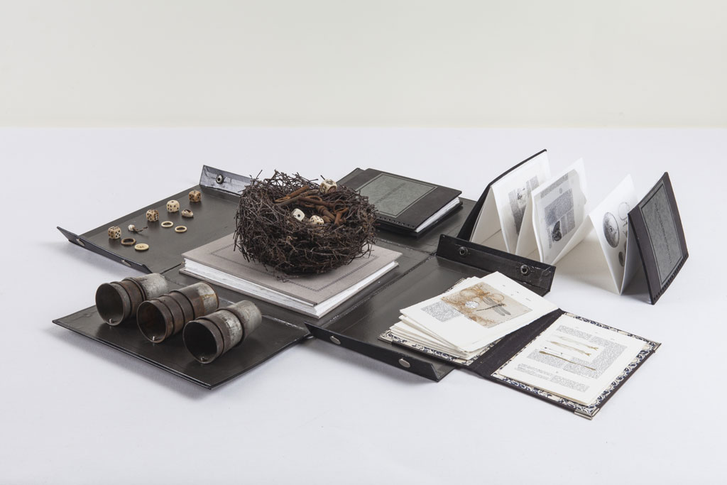 Ricardo Brey, Uncreated heaven, 2009, Metallic paint, egg casting, metal cups, buttons, rings, cowrie shells, dice, keys, nest, three leporello books, folder with drawings, Dimensions variable, © Ricardo Brey, Courtesy the artist and Alexander Gray Associates